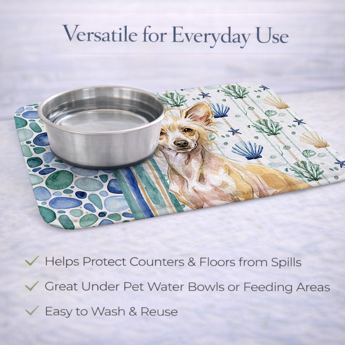Picture of Carolines Treasures WDK6975DDM 21 x 14 in. Hairless Palomino Chinese Crested Coastal Sea Glass Dish Drying Mat