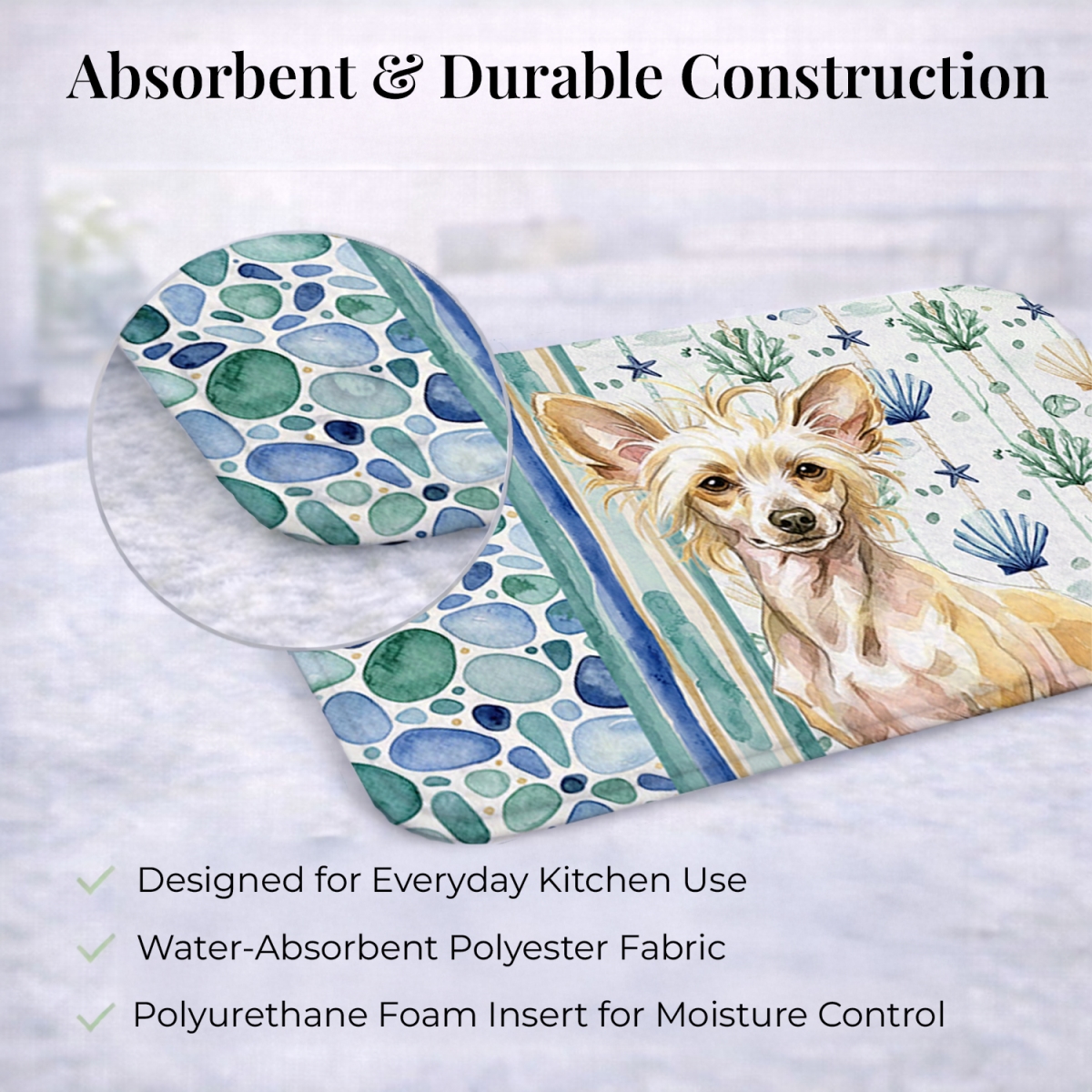 Picture of Carolines Treasures WDK6975DDM 21 x 14 in. Hairless Palomino Chinese Crested Coastal Sea Glass Dish Drying Mat