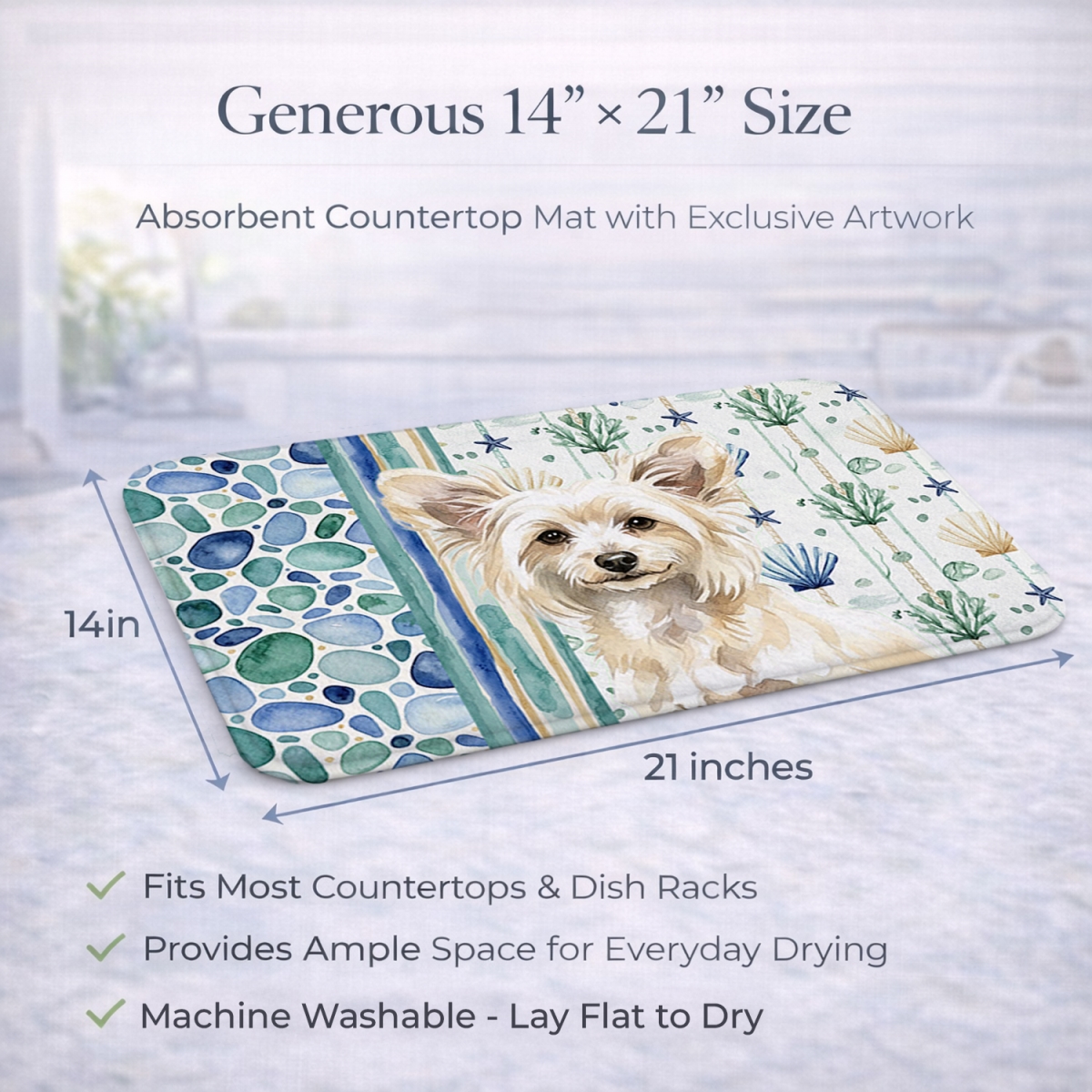 Picture of Carolines Treasures WDK6976DDM 21 x 14 in. Powderpuff Chinese Crested Coastal Sea Glass Dish Drying Mat