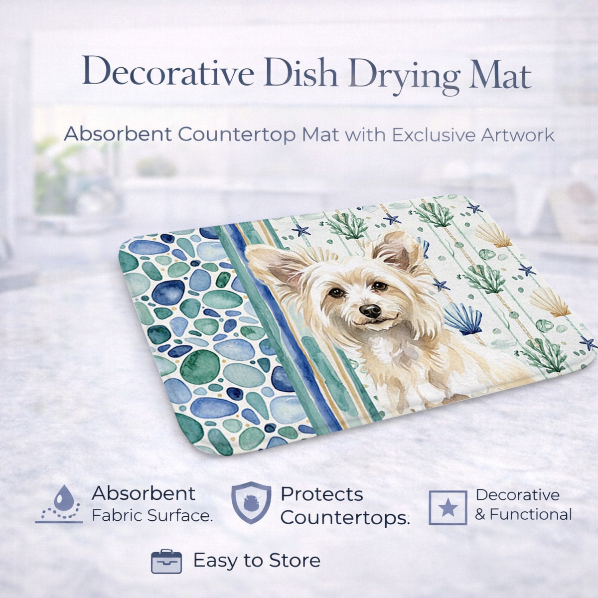 Picture of Carolines Treasures WDK6976DDM 21 x 14 in. Powderpuff Chinese Crested Coastal Sea Glass Dish Drying Mat