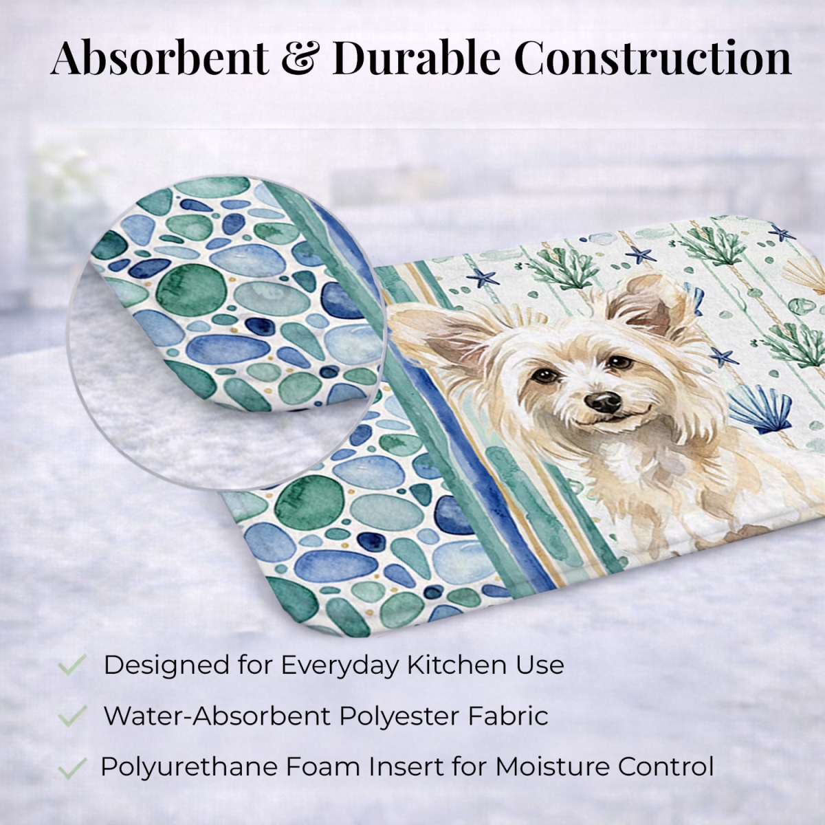 Picture of Carolines Treasures WDK6976DDM 21 x 14 in. Powderpuff Chinese Crested Coastal Sea Glass Dish Drying Mat