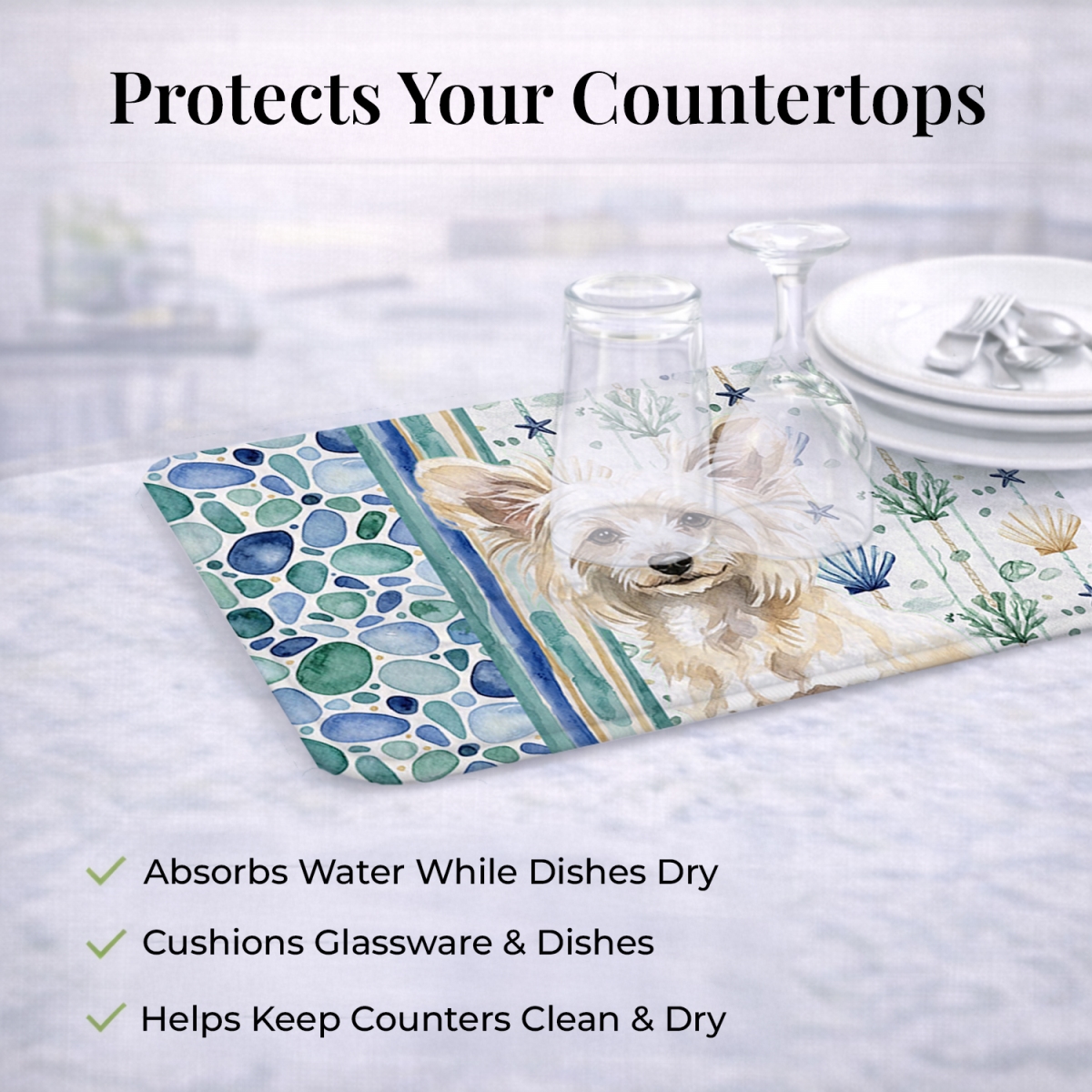 Picture of Carolines Treasures WDK6976DDM 21 x 14 in. Powderpuff Chinese Crested Coastal Sea Glass Dish Drying Mat