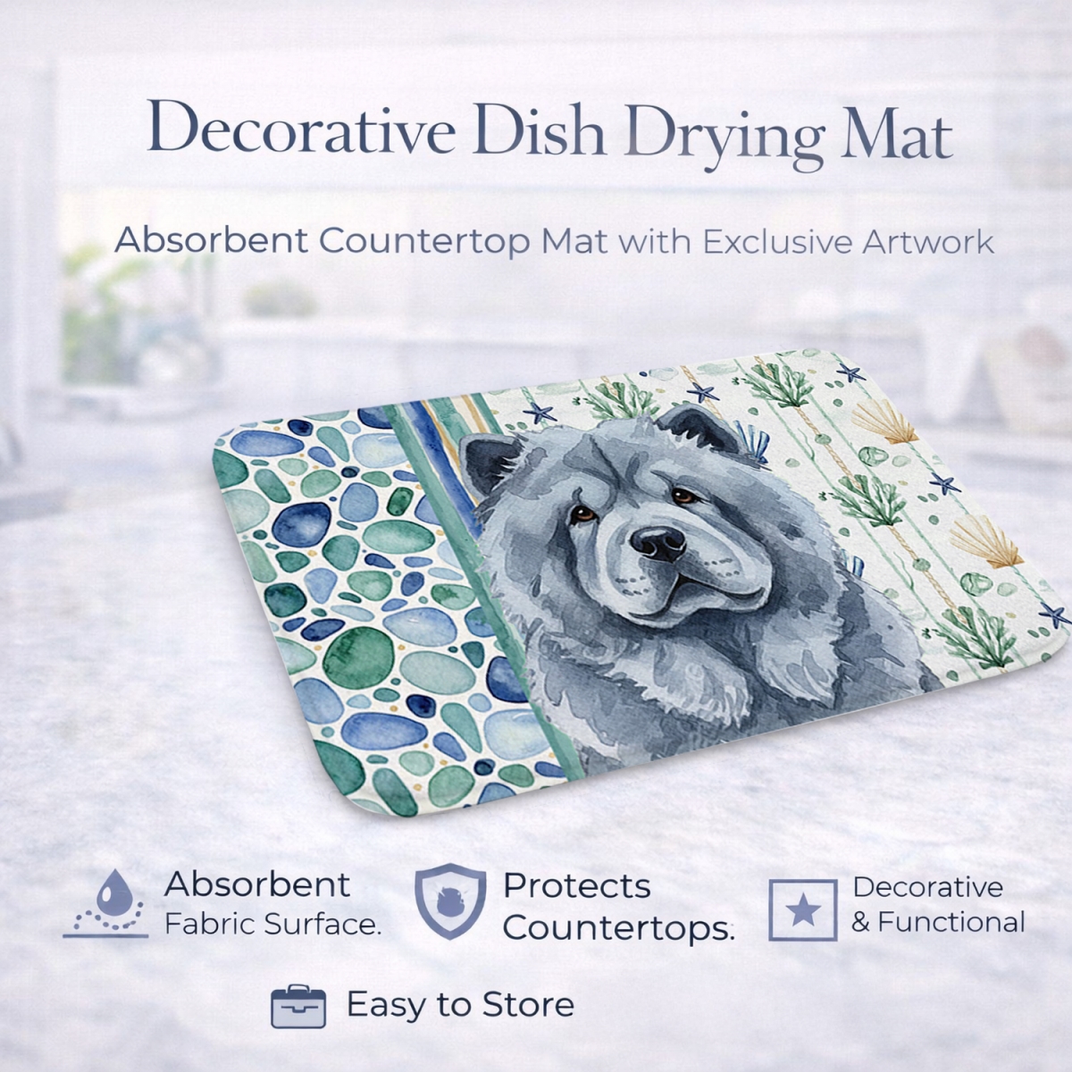Picture of Carolines Treasures WDK6978DDM 21 x 14 in. Blue Chow Chow Coastal Sea Glass Dish Drying Mat