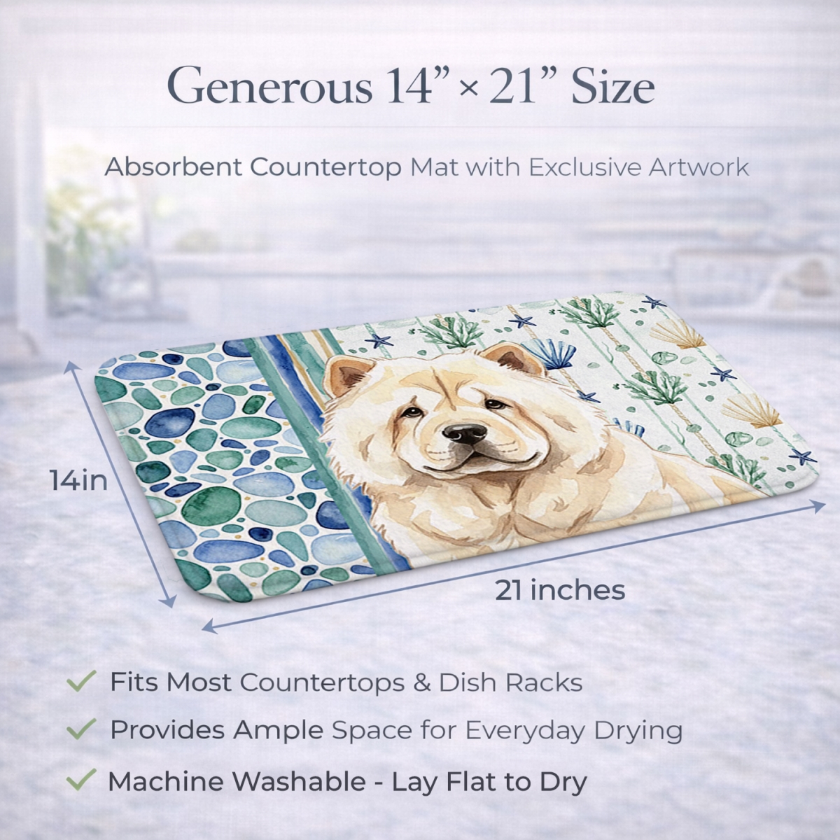 Picture of Carolines Treasures WDK6979DDM 21 x 14 in. Cream Chow Chow Coastal Sea Glass Dish Drying Mat