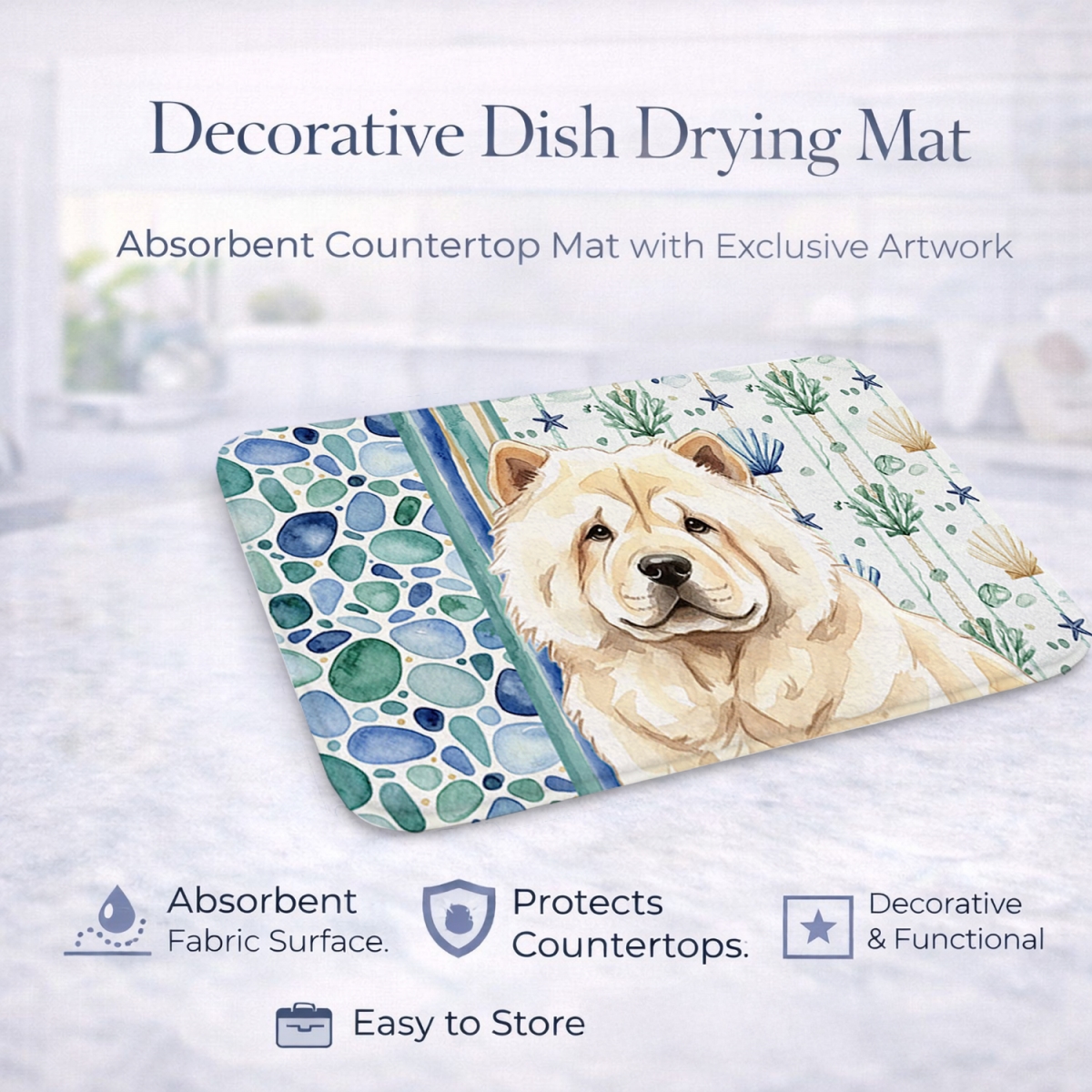 Picture of Carolines Treasures WDK6979DDM 21 x 14 in. Cream Chow Chow Coastal Sea Glass Dish Drying Mat