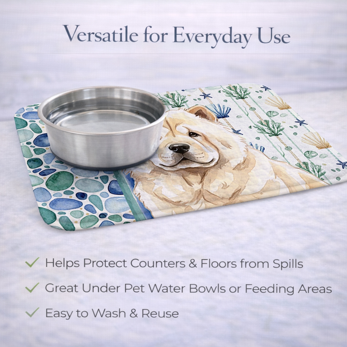 Picture of Carolines Treasures WDK6979DDM 21 x 14 in. Cream Chow Chow Coastal Sea Glass Dish Drying Mat