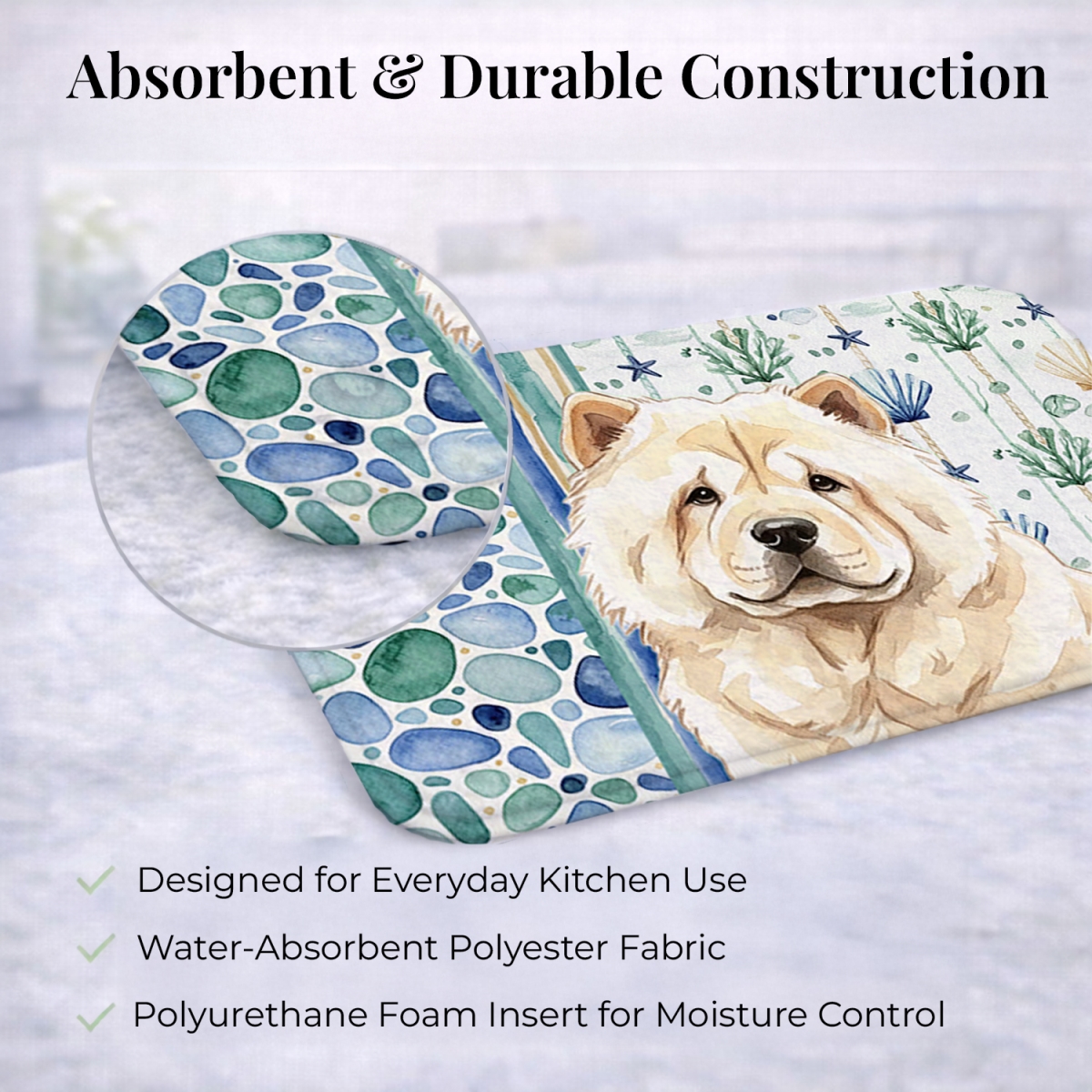 Picture of Carolines Treasures WDK6979DDM 21 x 14 in. Cream Chow Chow Coastal Sea Glass Dish Drying Mat