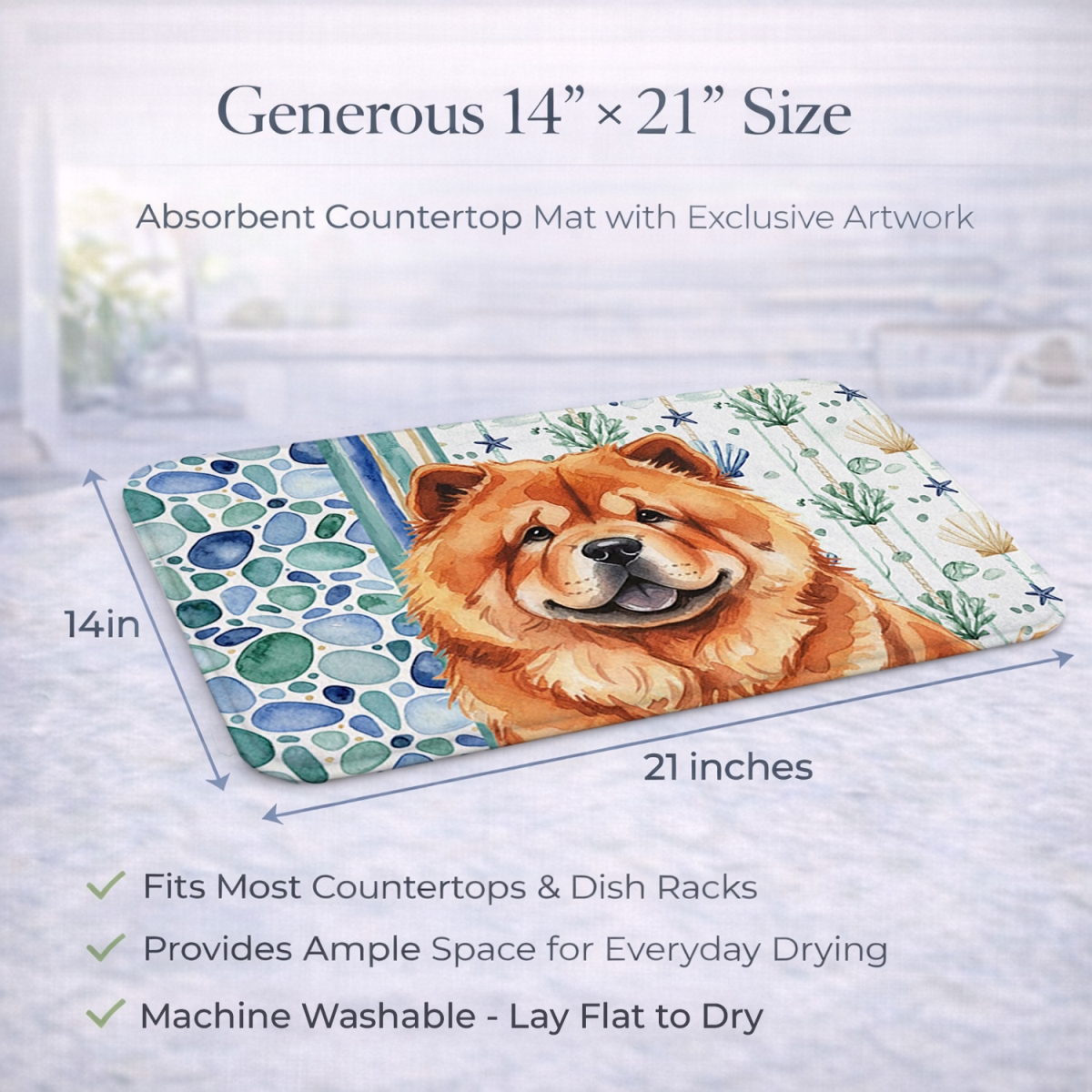 Picture of Carolines Treasures WDK6980DDM 21 x 14 in. Red Chow Chow Coastal Sea Glass Dish Drying Mat