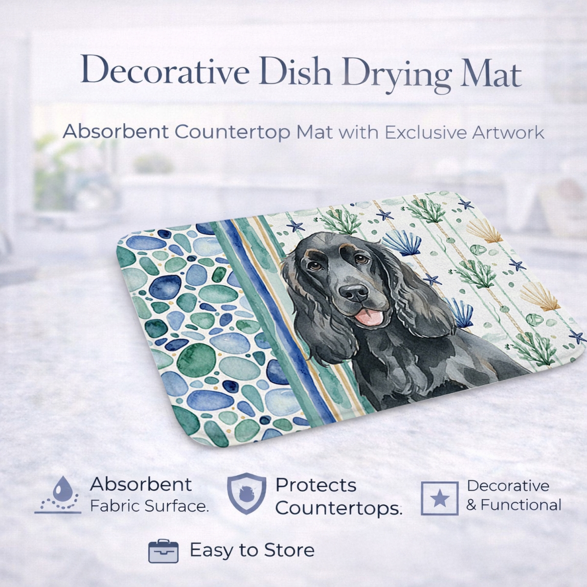 Picture of Carolines Treasures WDK6981DDM 21 x 14 in. Black Cocker Spaniel Coastal Sea Glass Dish Drying Mat