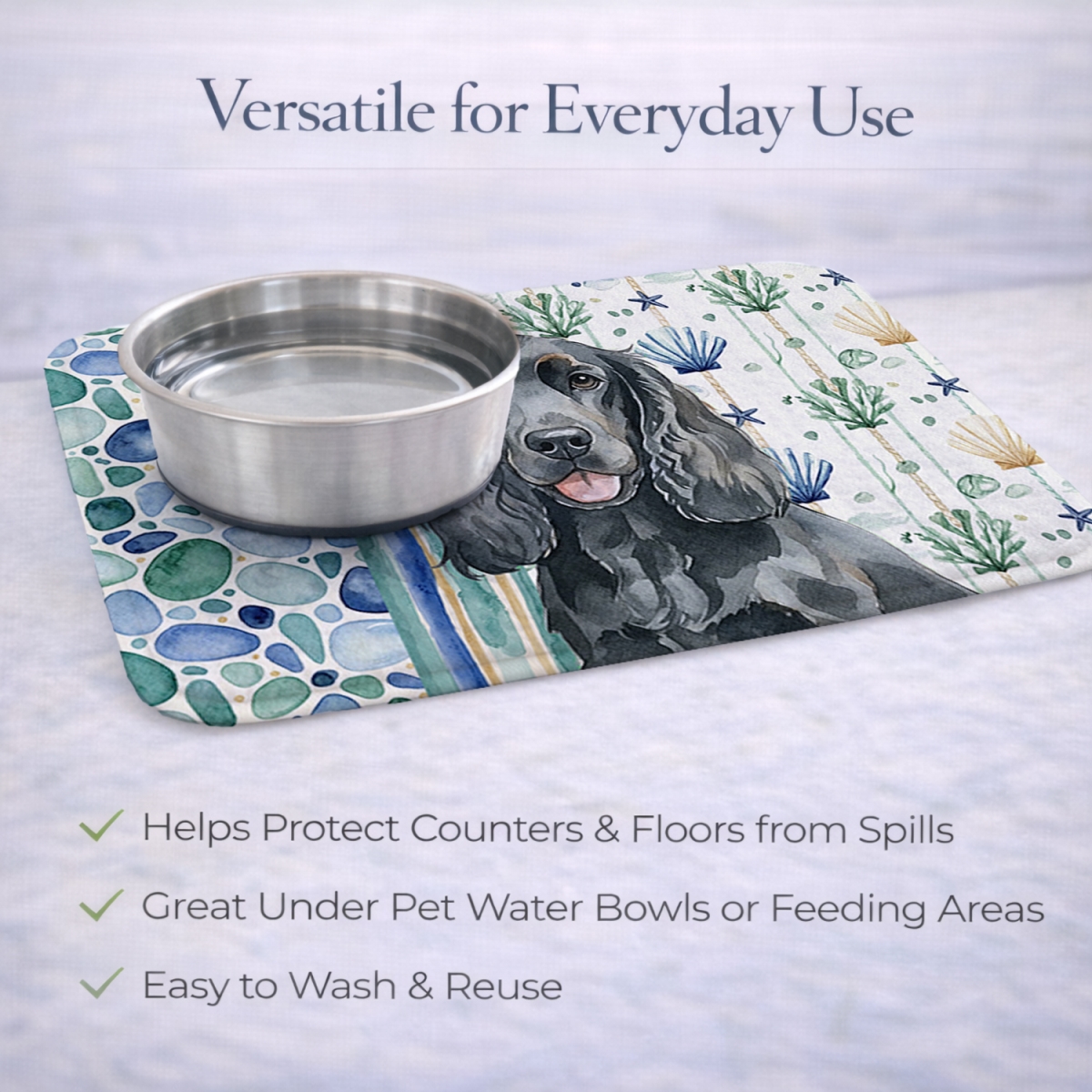 Picture of Carolines Treasures WDK6981DDM 21 x 14 in. Black Cocker Spaniel Coastal Sea Glass Dish Drying Mat
