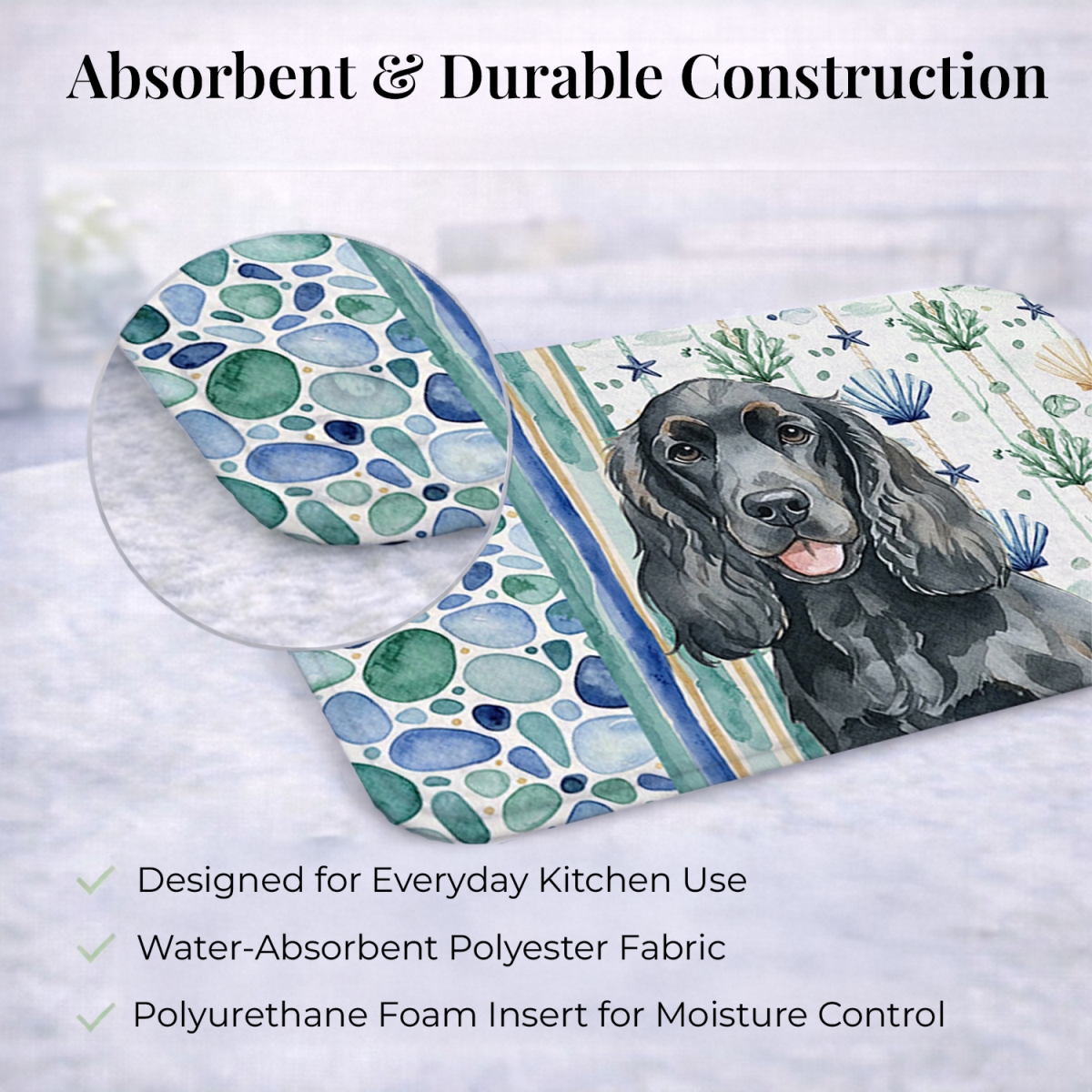 Picture of Carolines Treasures WDK6981DDM 21 x 14 in. Black Cocker Spaniel Coastal Sea Glass Dish Drying Mat