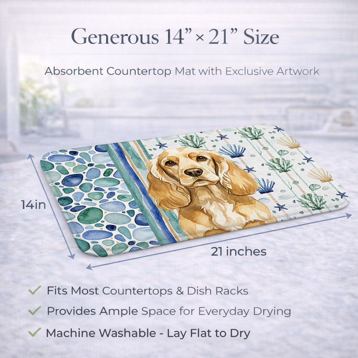 Picture of Carolines Treasures WDK6982DDM 21 x 14 in. Buff Cocker Spaniel Coastal Sea Glass Dish Drying Mat