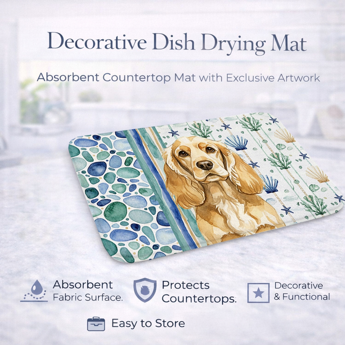 Picture of Carolines Treasures WDK6982DDM 21 x 14 in. Buff Cocker Spaniel Coastal Sea Glass Dish Drying Mat