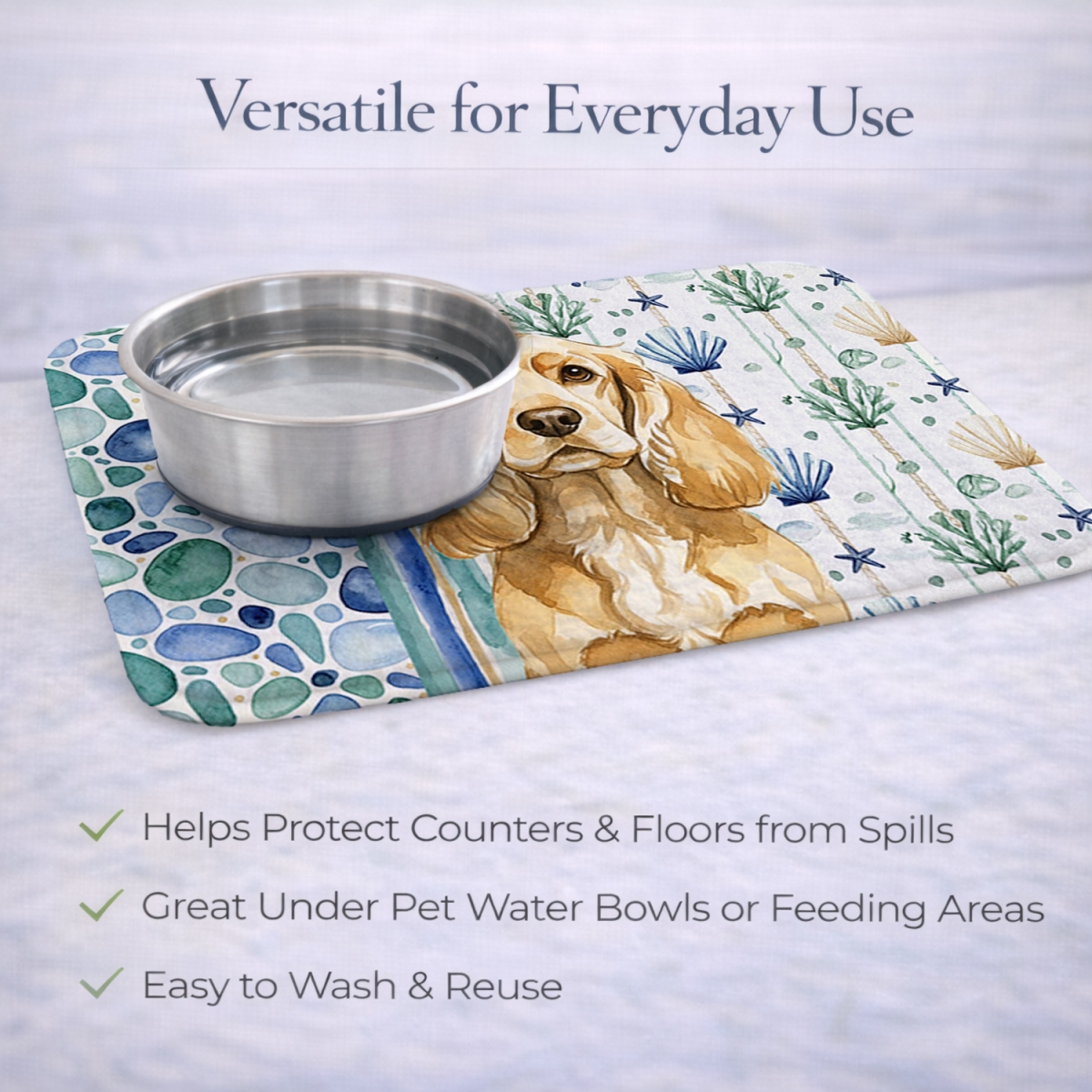 Picture of Carolines Treasures WDK6982DDM 21 x 14 in. Buff Cocker Spaniel Coastal Sea Glass Dish Drying Mat