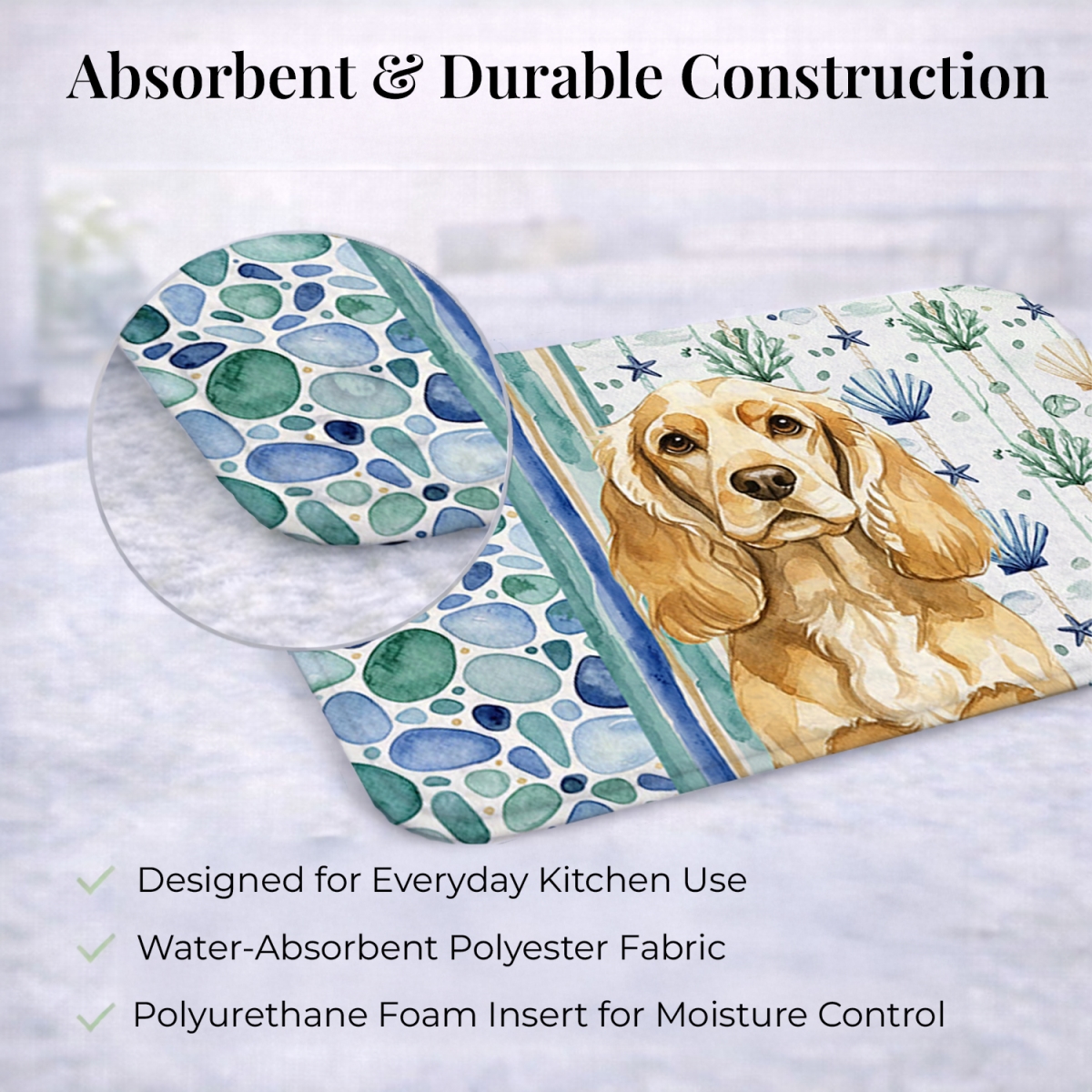 Picture of Carolines Treasures WDK6982DDM 21 x 14 in. Buff Cocker Spaniel Coastal Sea Glass Dish Drying Mat