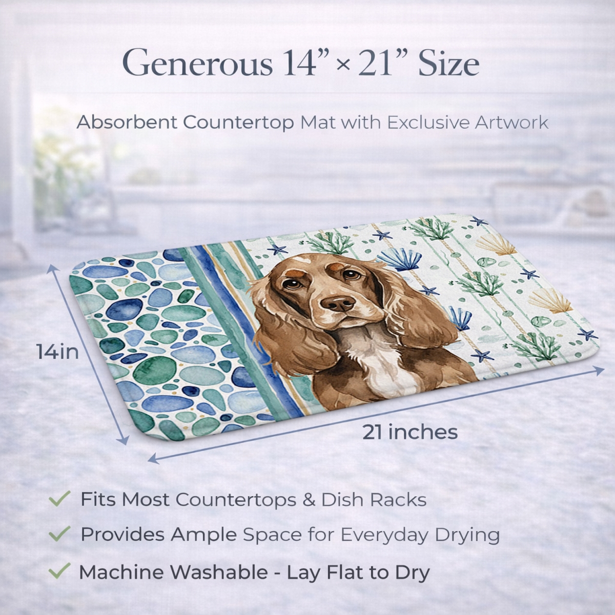 Picture of Carolines Treasures WDK6983DDM 21 x 14 in. Chocolate Cocker Spaniel Coastal Sea Glass Dish Drying Mat