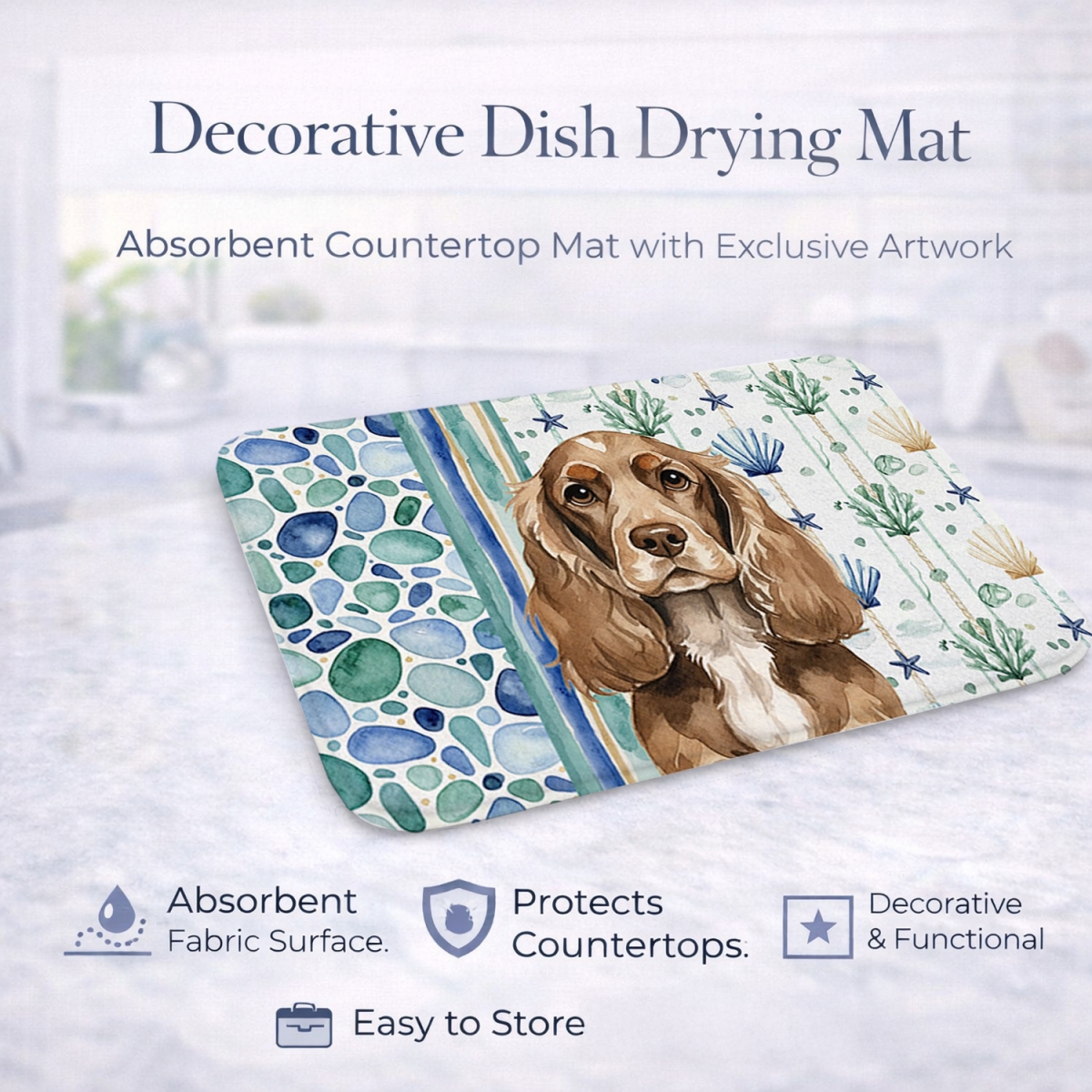Picture of Carolines Treasures WDK6983DDM 21 x 14 in. Chocolate Cocker Spaniel Coastal Sea Glass Dish Drying Mat