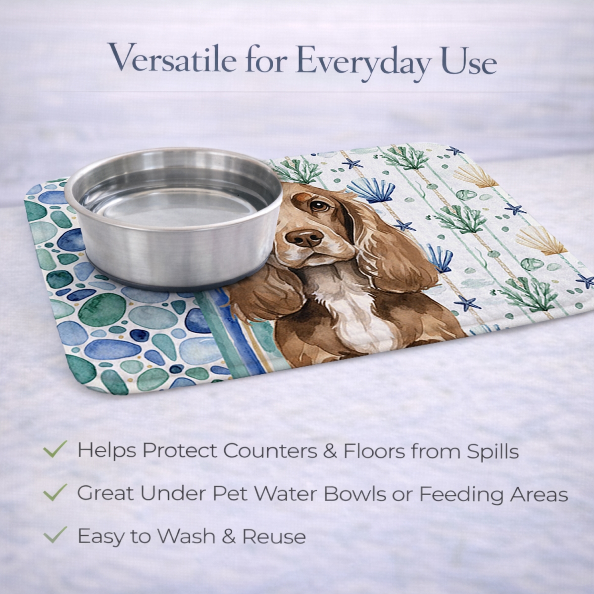 Picture of Carolines Treasures WDK6983DDM 21 x 14 in. Chocolate Cocker Spaniel Coastal Sea Glass Dish Drying Mat