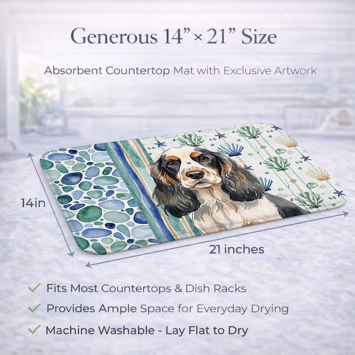 Picture of Carolines Treasures WDK6984DDM 21 x 14 in. Parti Cocker Spaniel Coastal Sea Glass Dish Drying Mat