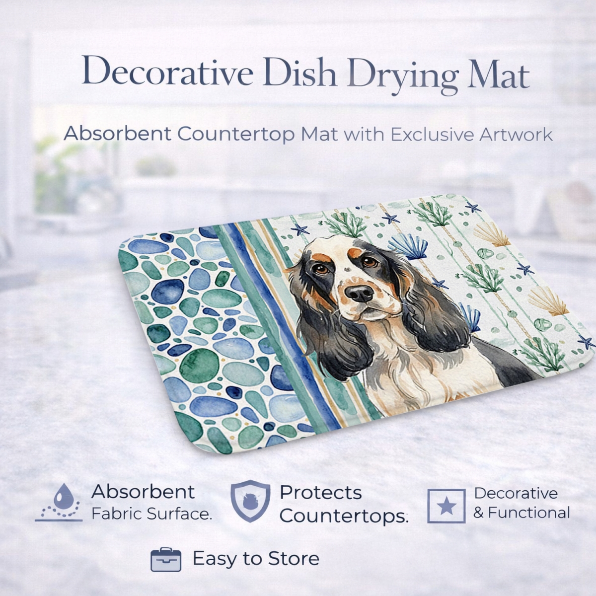 Picture of Carolines Treasures WDK6984DDM 21 x 14 in. Parti Cocker Spaniel Coastal Sea Glass Dish Drying Mat