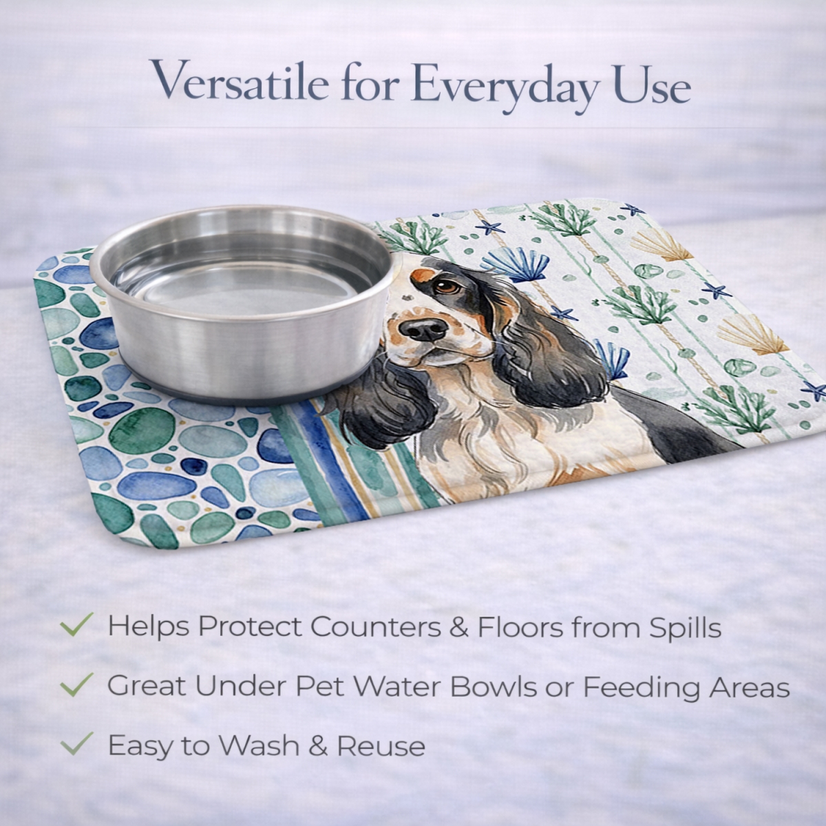 Picture of Carolines Treasures WDK6984DDM 21 x 14 in. Parti Cocker Spaniel Coastal Sea Glass Dish Drying Mat