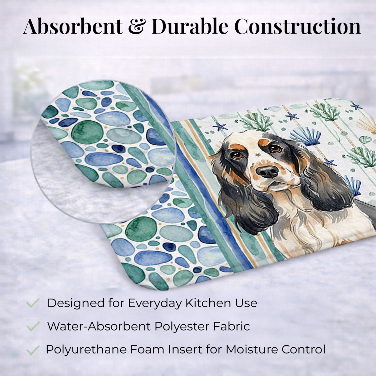 Picture of Carolines Treasures WDK6984DDM 21 x 14 in. Parti Cocker Spaniel Coastal Sea Glass Dish Drying Mat