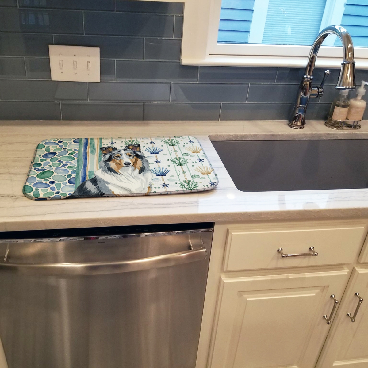 Picture of Carolines Treasures WDK6985DDM 21 x 14 in. Blue Merle Collie Coastal Sea Glass Dish Drying Mat