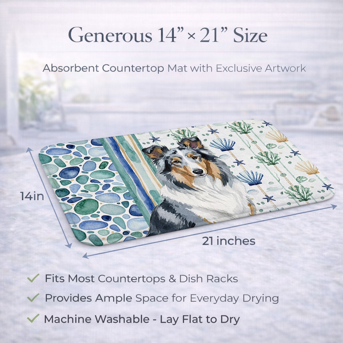 Picture of Carolines Treasures WDK6985DDM 21 x 14 in. Blue Merle Collie Coastal Sea Glass Dish Drying Mat