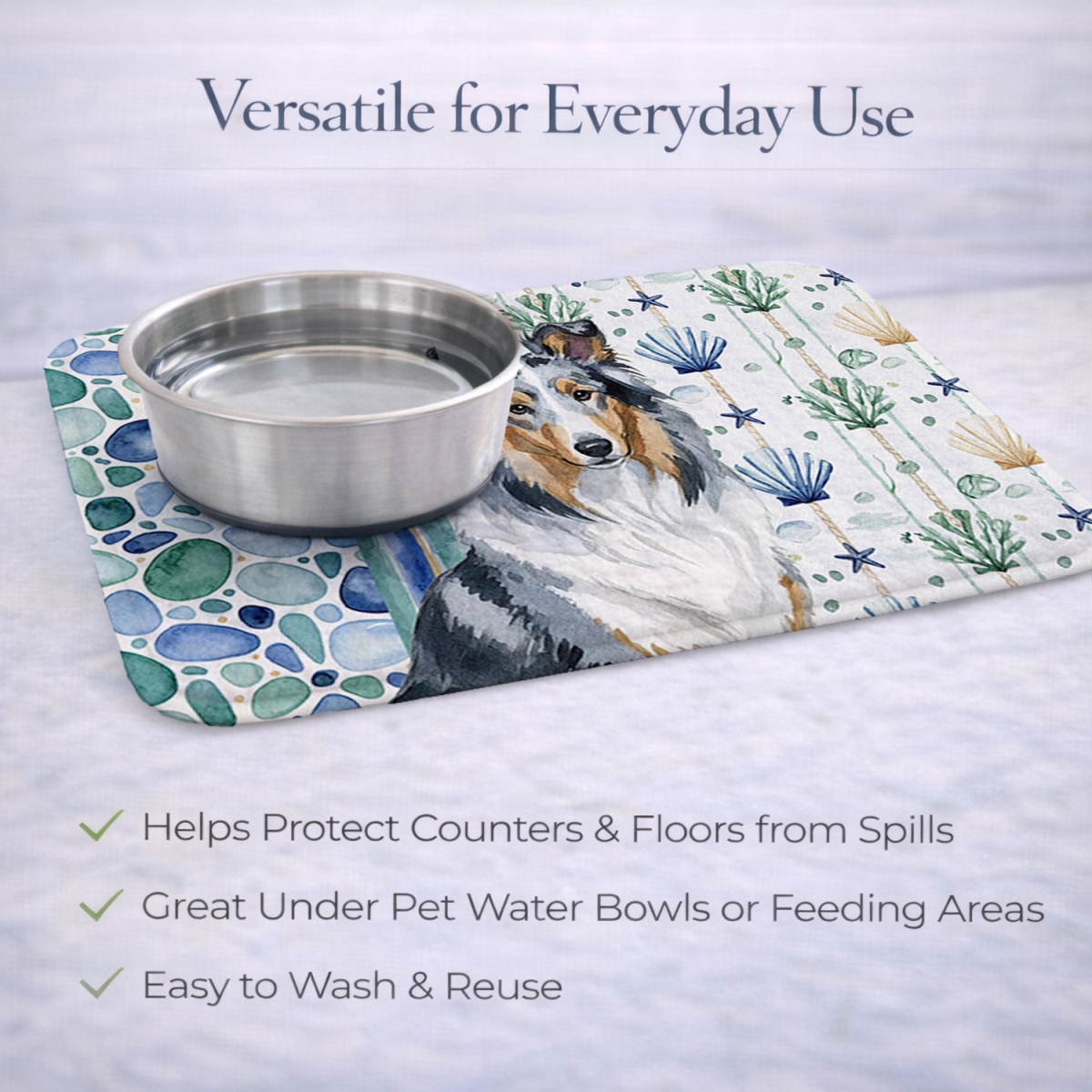 Picture of Carolines Treasures WDK6985DDM 21 x 14 in. Blue Merle Collie Coastal Sea Glass Dish Drying Mat