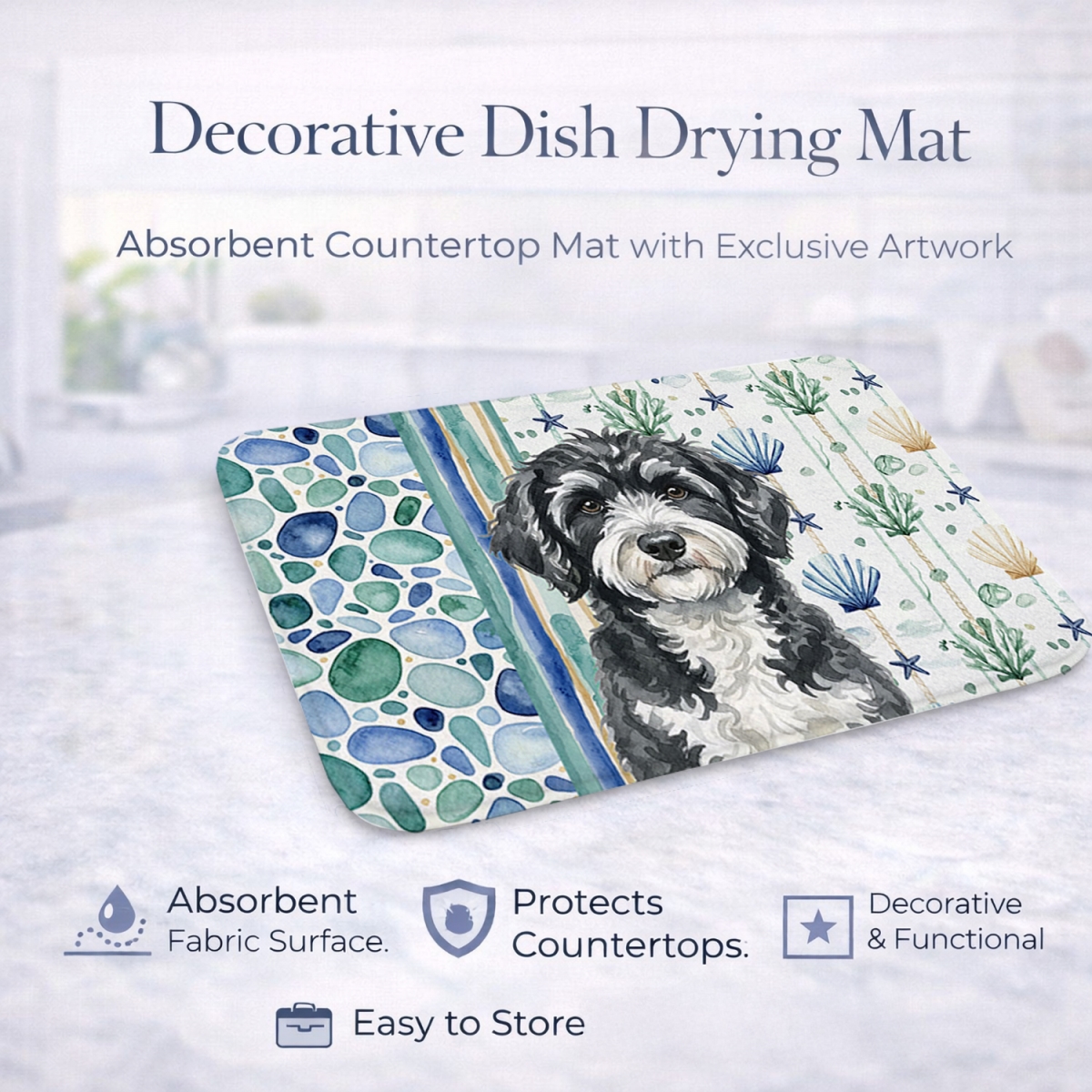 Picture of Carolines Treasures WDK7178DDM 21 x 14 in. Portuguese Water Dog Coastal Sea Glass Dish Drying Mat