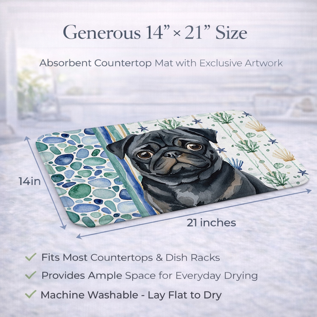 Picture of Carolines Treasures WDK7181DDM 21 x 14 in. Black Pug Coastal Sea Glass Dish Drying Mat