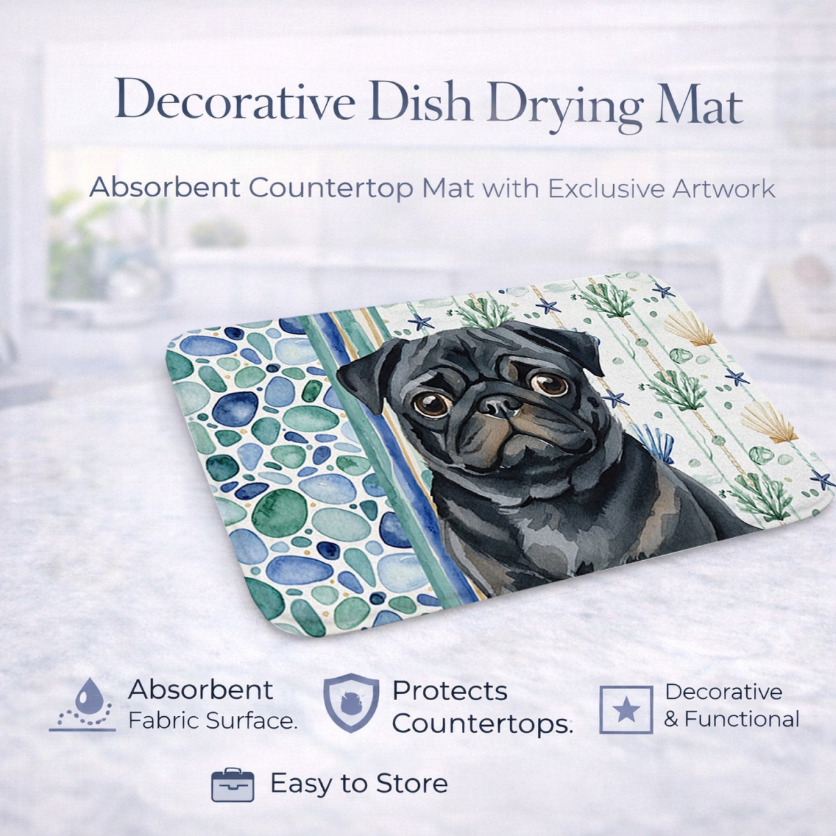 Picture of Carolines Treasures WDK7181DDM 21 x 14 in. Black Pug Coastal Sea Glass Dish Drying Mat