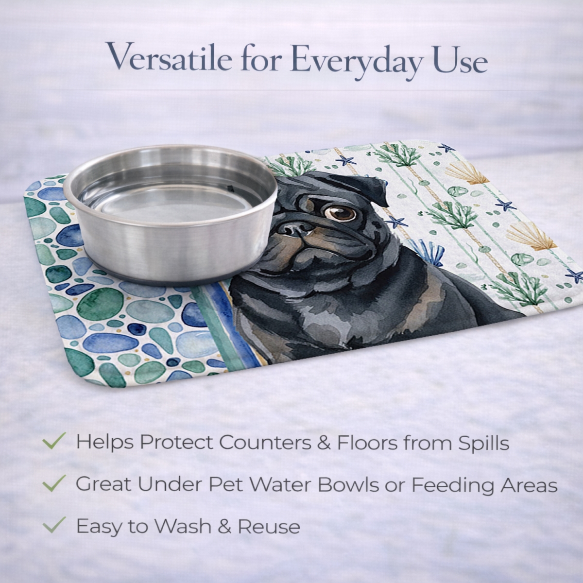 Picture of Carolines Treasures WDK7181DDM 21 x 14 in. Black Pug Coastal Sea Glass Dish Drying Mat