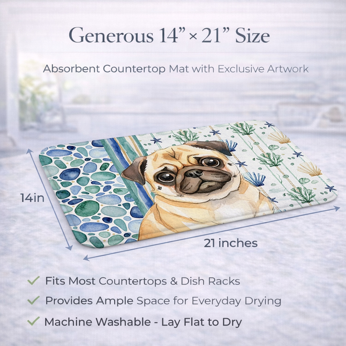 Picture of Carolines Treasures WDK7182DDM 21 x 14 in. Fawn Pug Coastal Sea Glass Dish Drying Mat