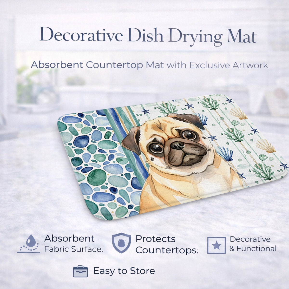 Picture of Carolines Treasures WDK7182DDM 21 x 14 in. Fawn Pug Coastal Sea Glass Dish Drying Mat