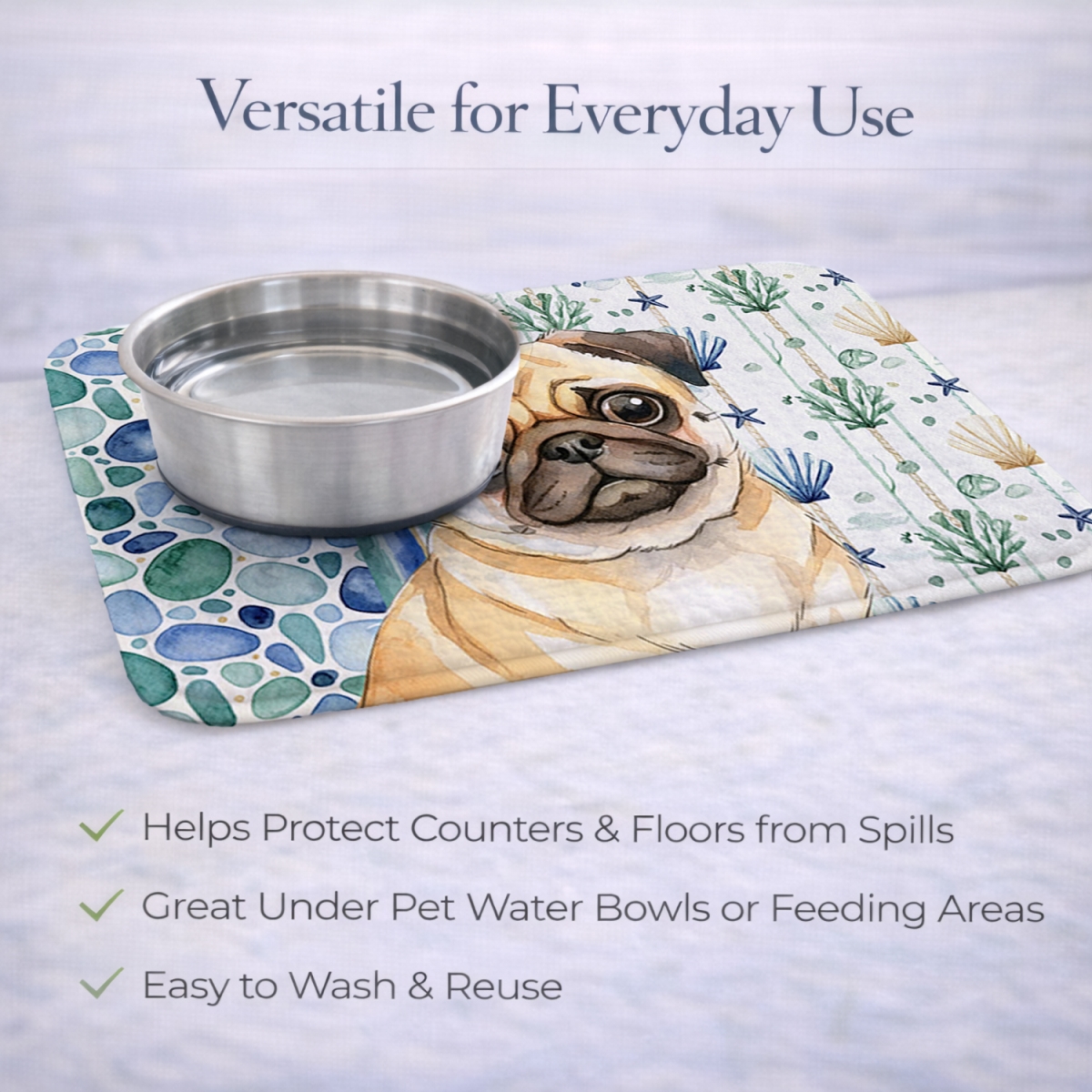Picture of Carolines Treasures WDK7182DDM 21 x 14 in. Fawn Pug Coastal Sea Glass Dish Drying Mat