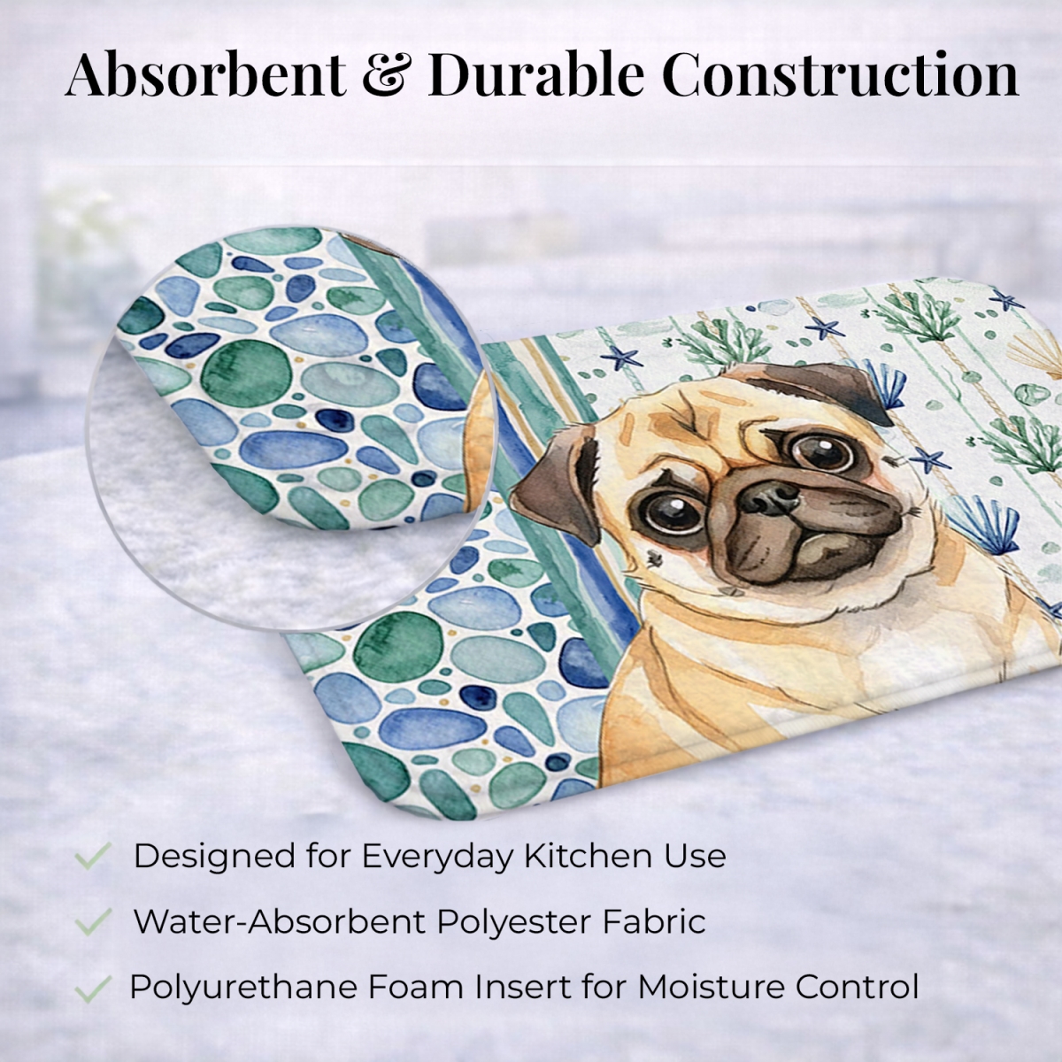 Picture of Carolines Treasures WDK7182DDM 21 x 14 in. Fawn Pug Coastal Sea Glass Dish Drying Mat