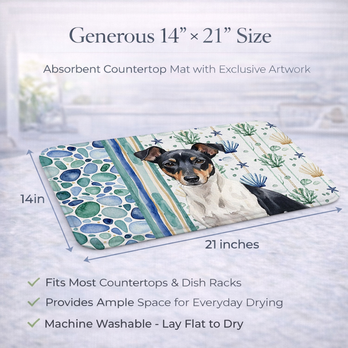 Picture of Carolines Treasures WDK7183DDM 21 x 14 in. Black & White Rat Terrier Coastal Sea Glass Dish Drying Mat