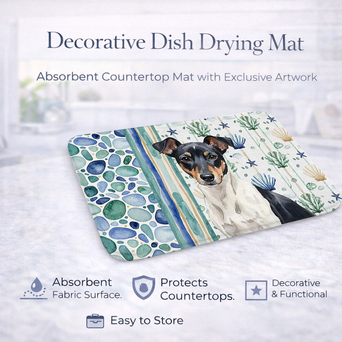 Picture of Carolines Treasures WDK7183DDM 21 x 14 in. Black & White Rat Terrier Coastal Sea Glass Dish Drying Mat
