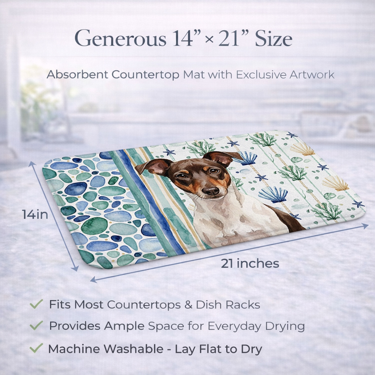 Picture of Carolines Treasures WDK7184DDM 21 x 14 in. Chocolate & White Rat Terrier Coastal Sea Glass Dish Drying Mat