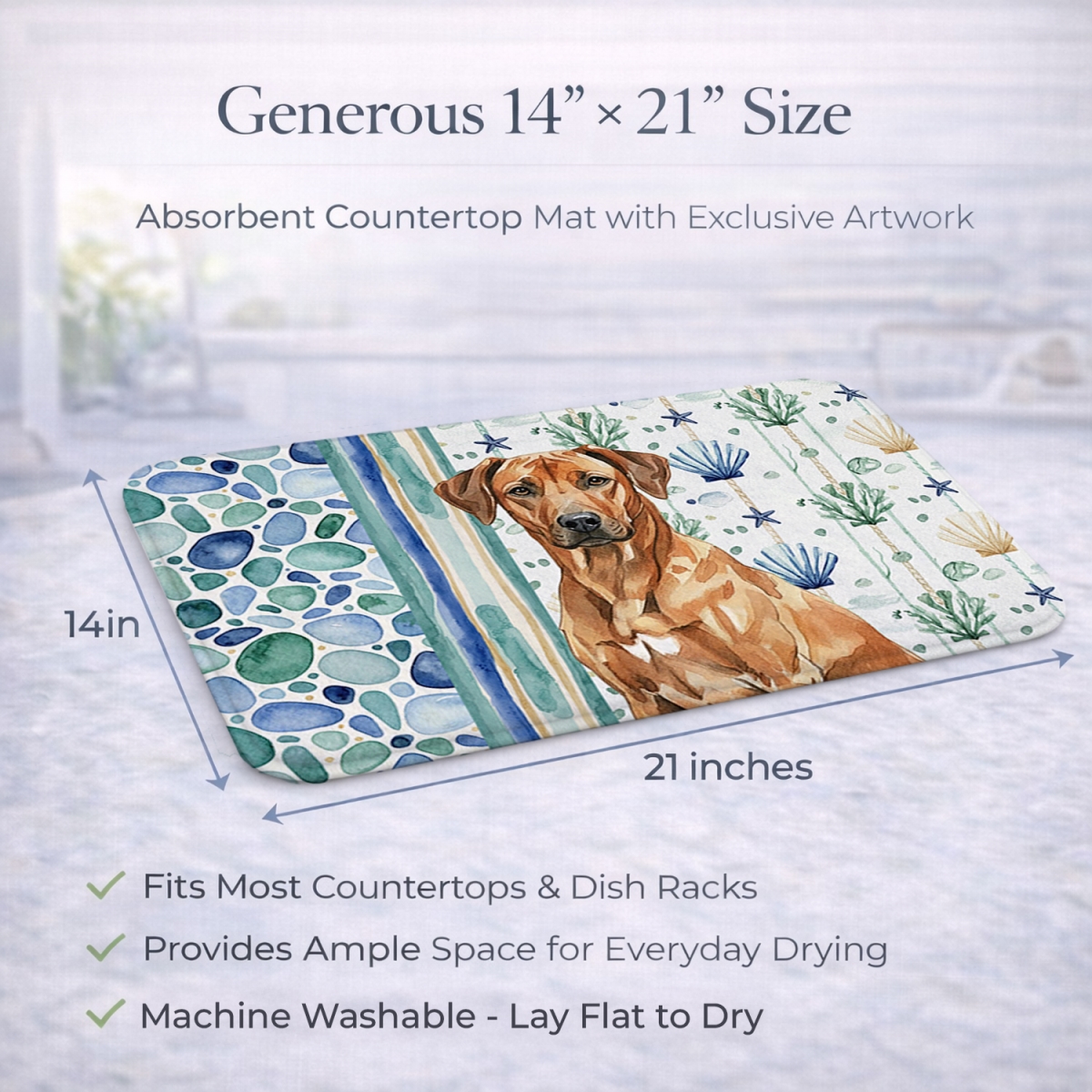Picture of Carolines Treasures WDK7186DDM 21 x 14 in. Rhodesian Ridgeback Coastal Sea Glass Dish Drying Mat