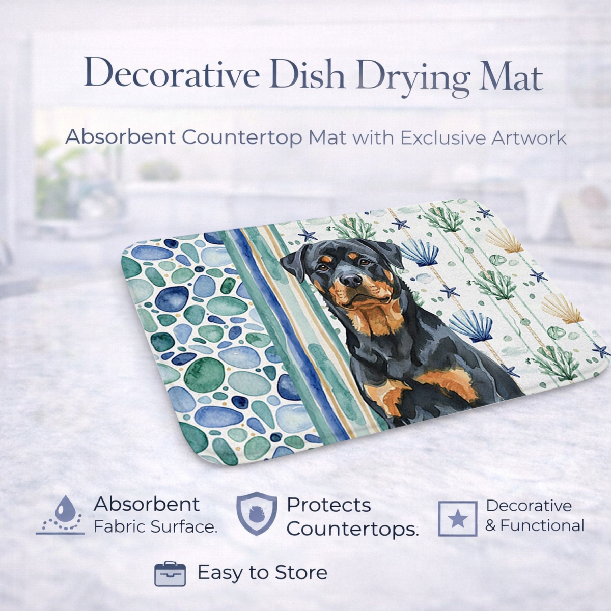 Picture of Carolines Treasures WDK7187DDM 21 x 14 in. Rottweiler Coastal Sea Glass Dish Drying Mat