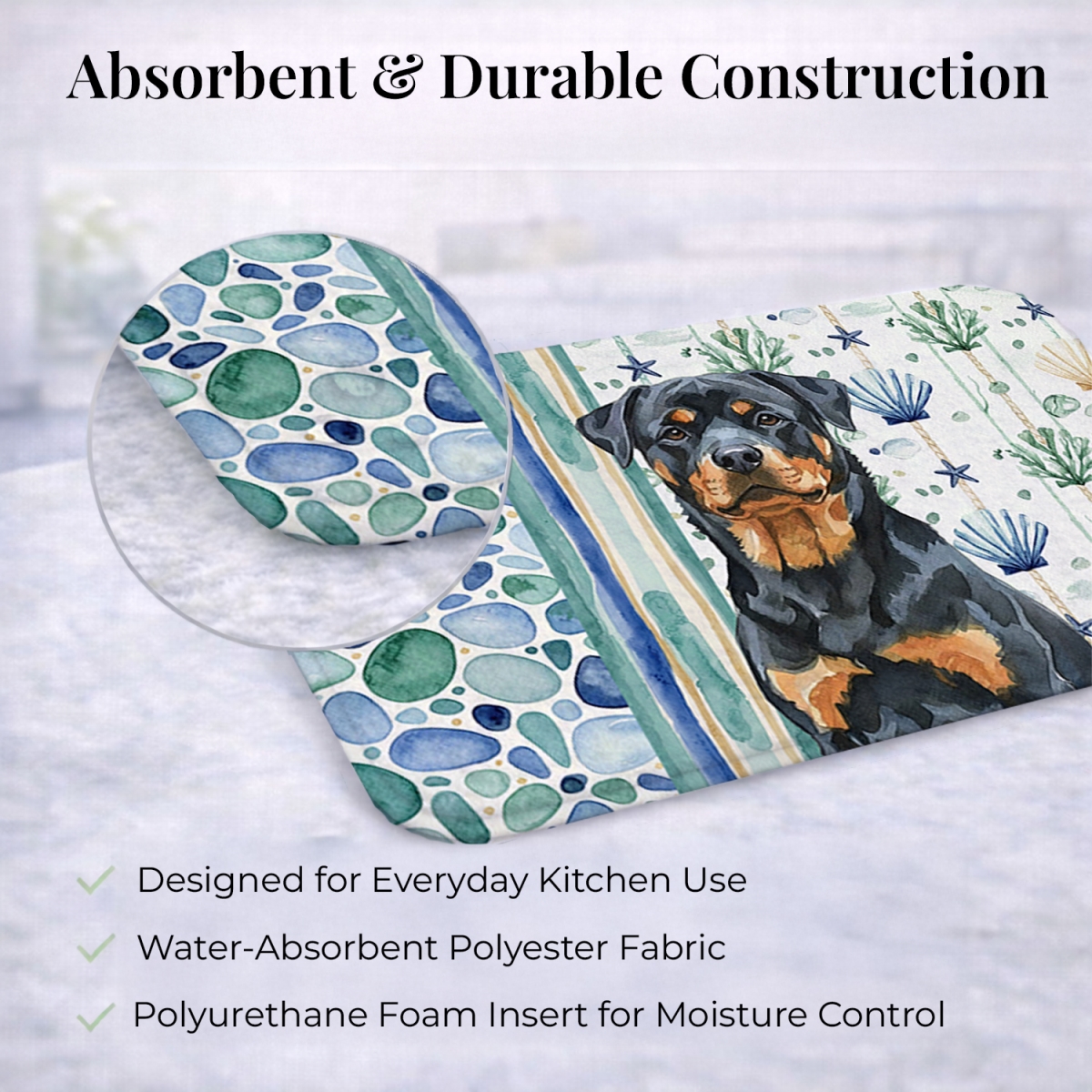 Picture of Carolines Treasures WDK7187DDM 21 x 14 in. Rottweiler Coastal Sea Glass Dish Drying Mat