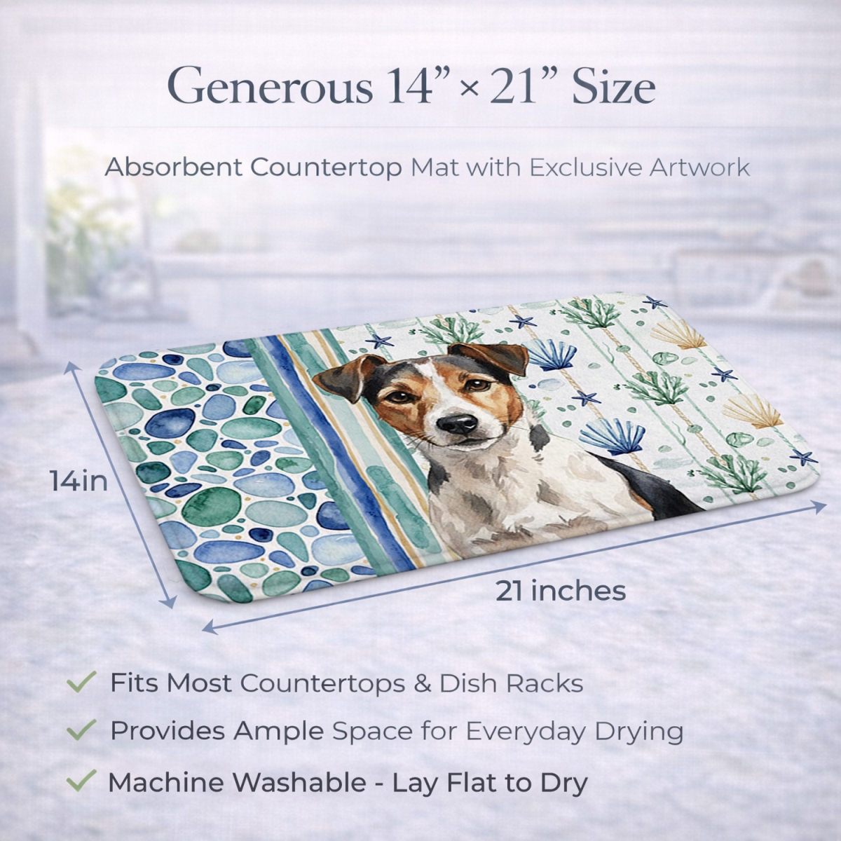 Picture of Carolines Treasures WDK7188DDM 21 x 14 in. Tricolor Russell Terrier Coastal Sea Glass Dish Drying Mat