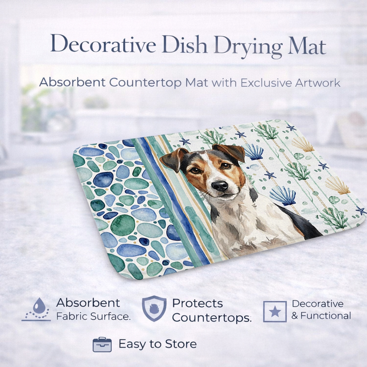 Picture of Carolines Treasures WDK7188DDM 21 x 14 in. Tricolor Russell Terrier Coastal Sea Glass Dish Drying Mat