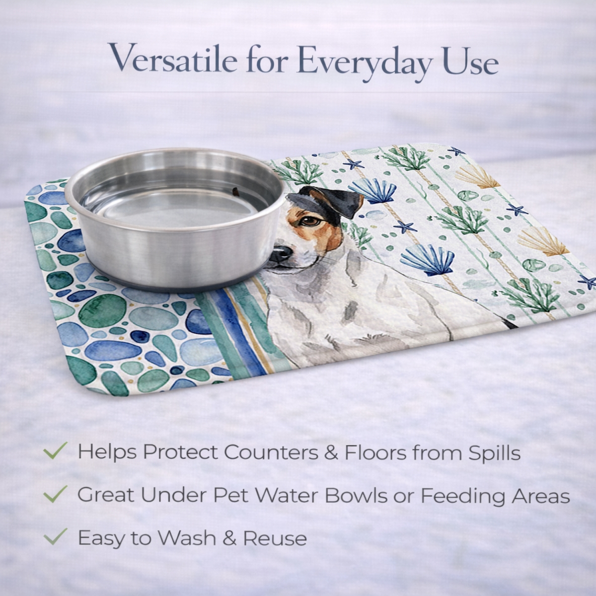 Picture of Carolines Treasures WDK7189DDM 21 x 14 in. White with Black Markings Russell Terrier Coastal Sea Glass Dish Drying Mat