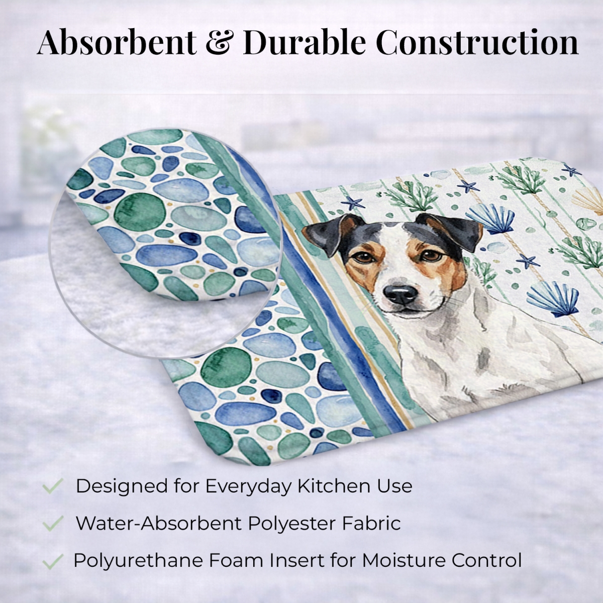 Picture of Carolines Treasures WDK7189DDM 21 x 14 in. White with Black Markings Russell Terrier Coastal Sea Glass Dish Drying Mat