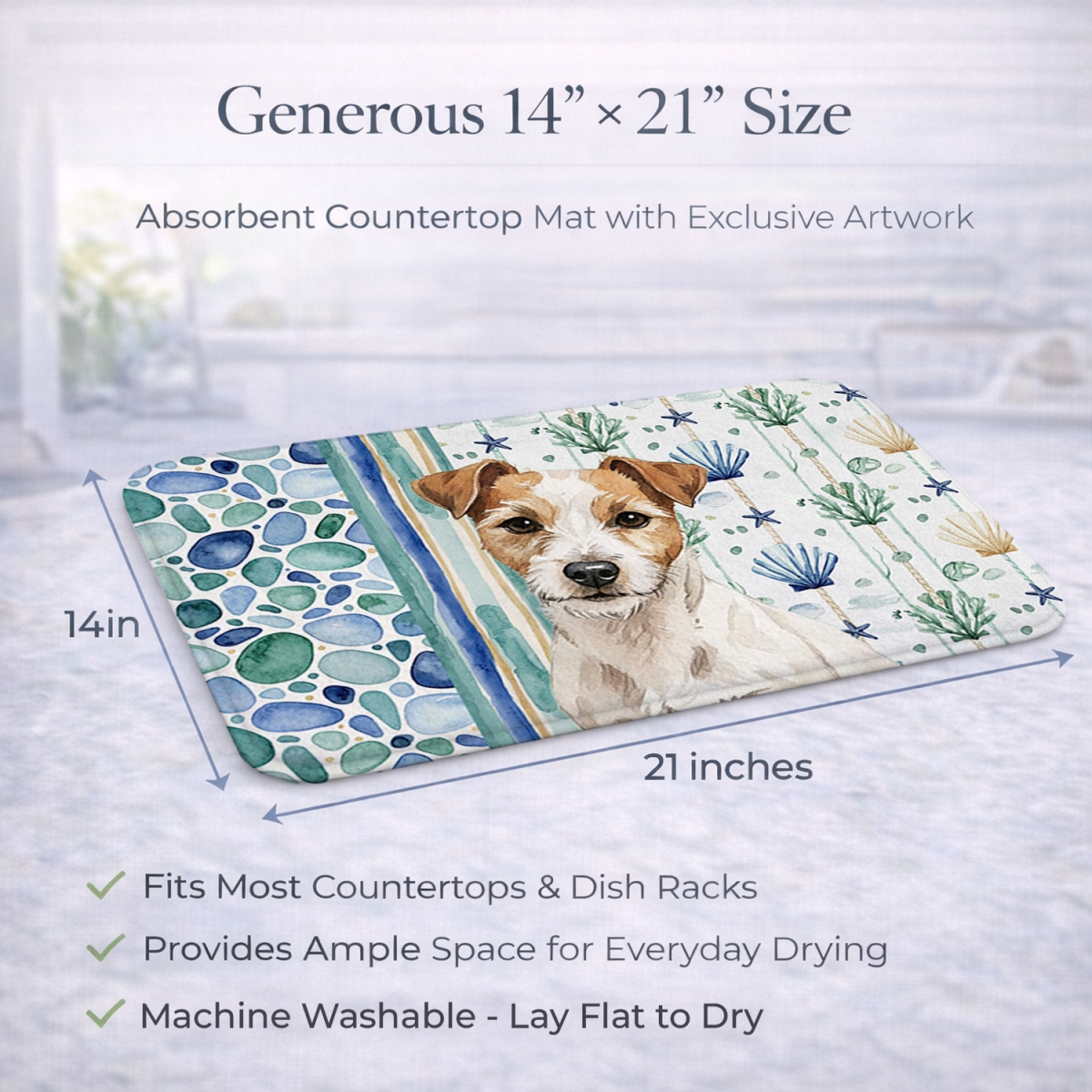Picture of Carolines Treasures WDK7190DDM 21 x 14 in. White with Tan Markings Russell Terrier Coastal Sea Glass Dish Drying Mat