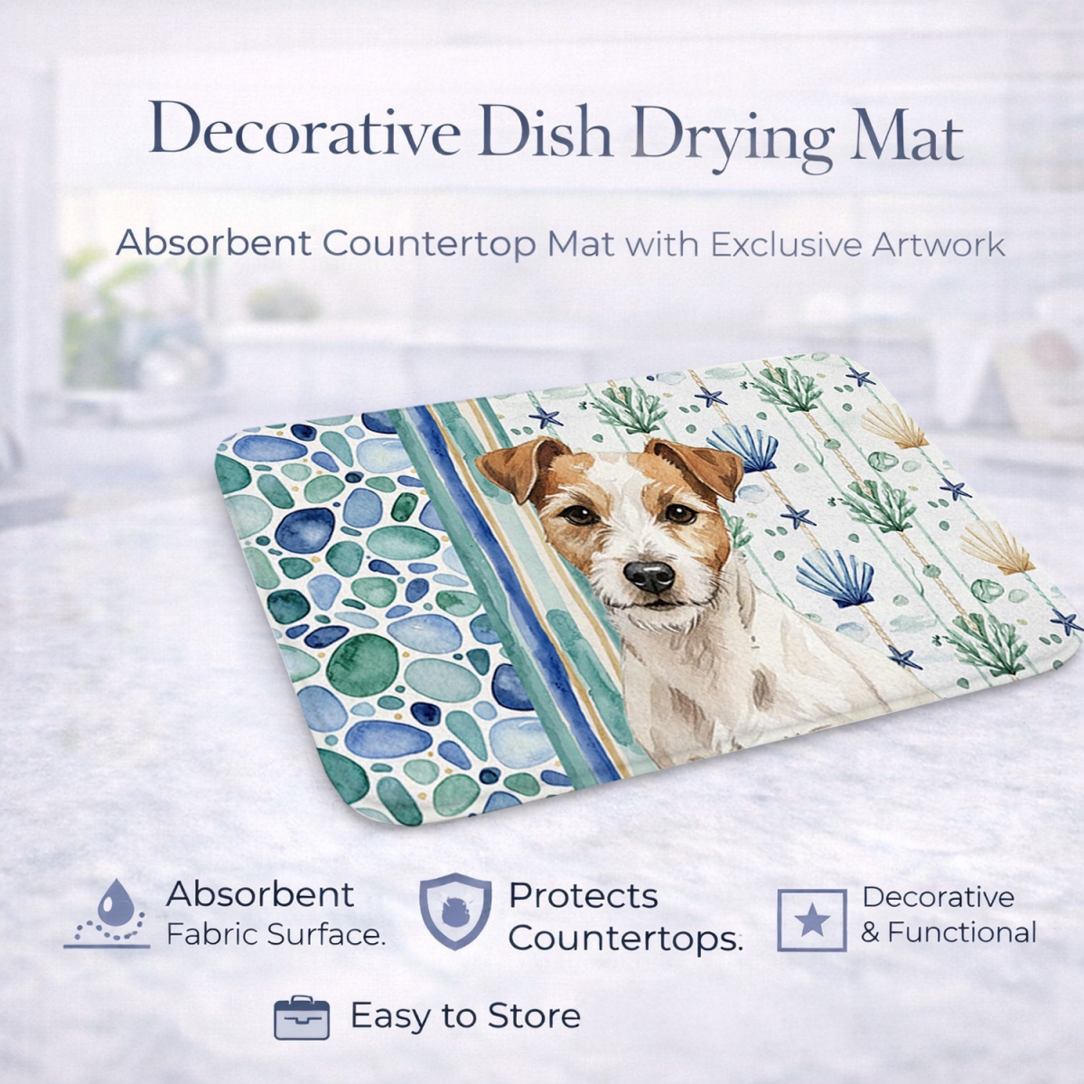 Picture of Carolines Treasures WDK7190DDM 21 x 14 in. White with Tan Markings Russell Terrier Coastal Sea Glass Dish Drying Mat