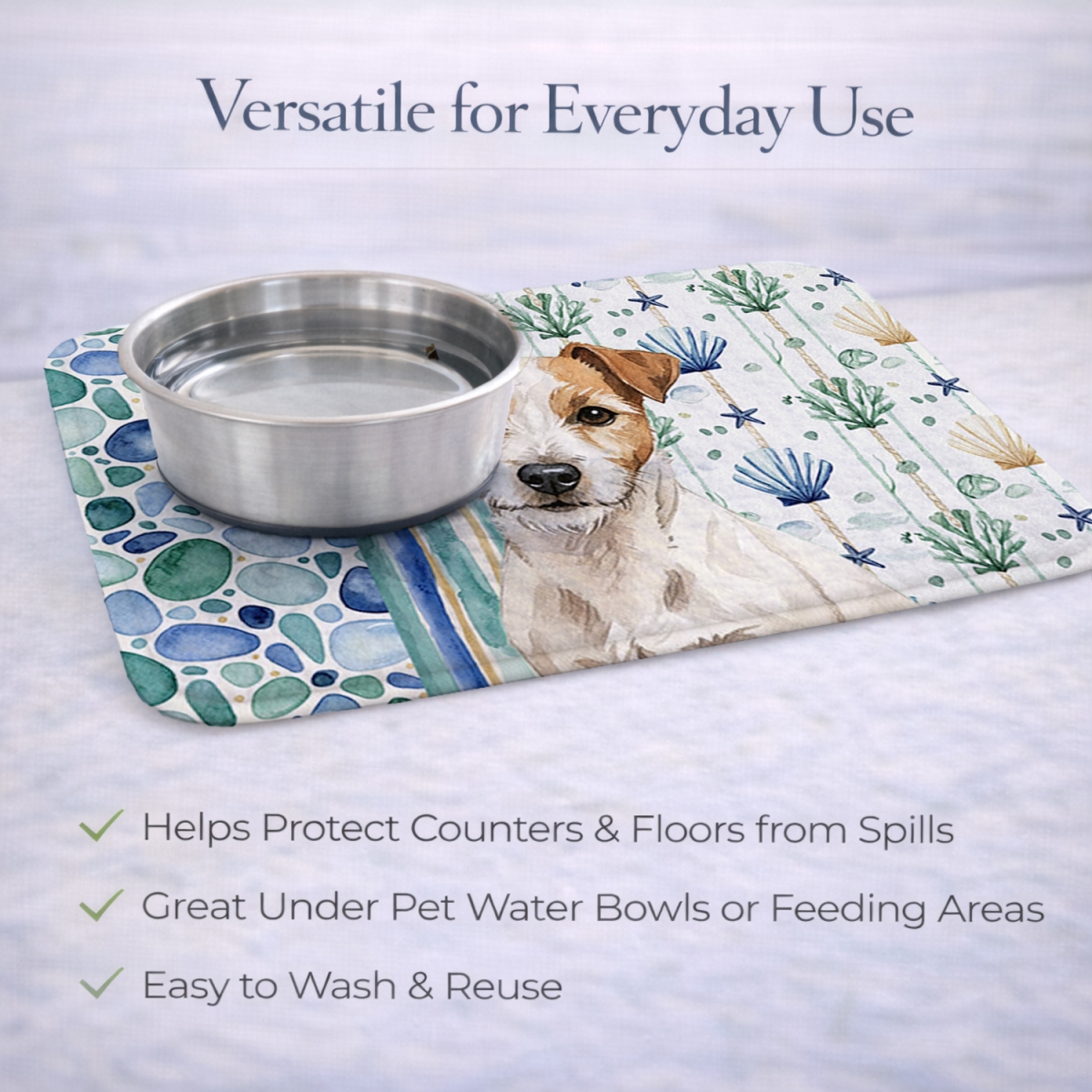 Picture of Carolines Treasures WDK7190DDM 21 x 14 in. White with Tan Markings Russell Terrier Coastal Sea Glass Dish Drying Mat